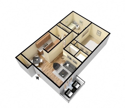 a 3d floor plan with a bedroom and a living room